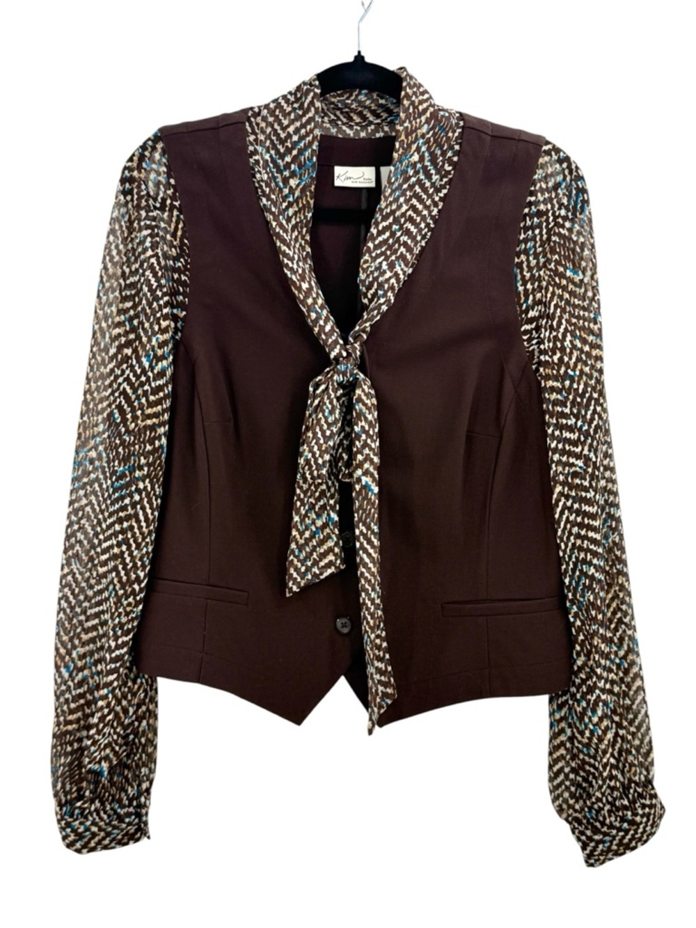 Vintage 70s Poet Tie Neck Blouse Vest Combo Brown Mod Secretary Top Boho, 16P